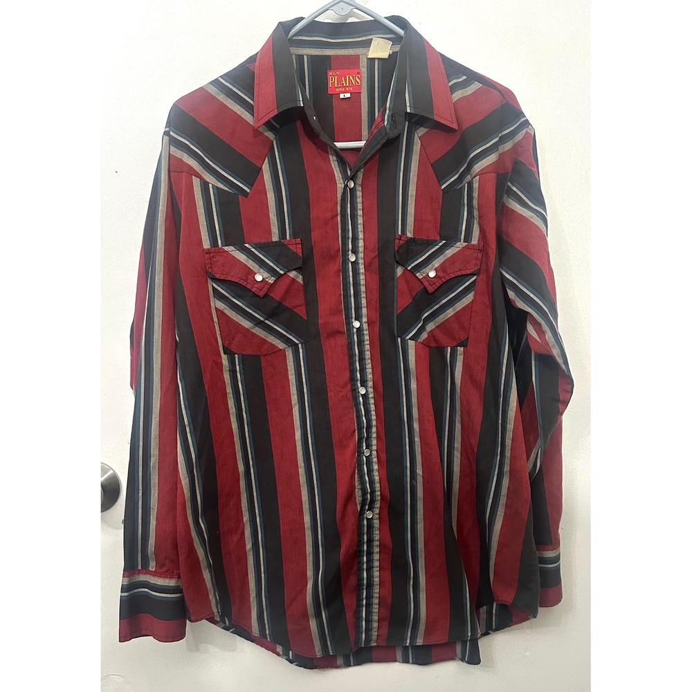 Vintage 1980s Ely Plains Western Pearl Snap Shirt Mens L Red Black Stripe Cowboy
